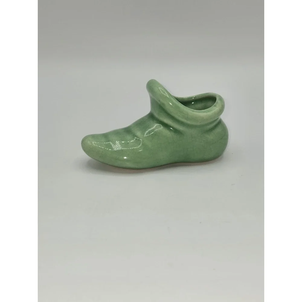 Vintage Green Pottery Shoe Planter Miniature Boot Vase Cottage Decor